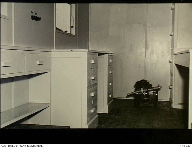 Kure, Japan. 1953-06-09. Interior of larger mobile dental van ...