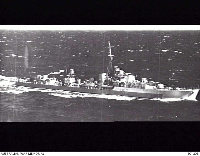 AERIAL STARBOARD SIDE VIEW OF THE DESTROYER HMAS QUALITY (G62). THE ...