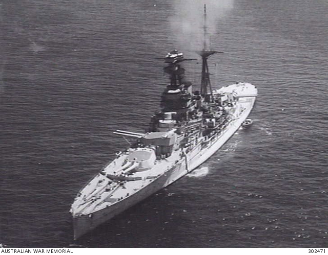 1939-12-21. AERIAL PORT BOW VIEW OF THE BATTLESHIP HMS RAMILLIES. B ...
