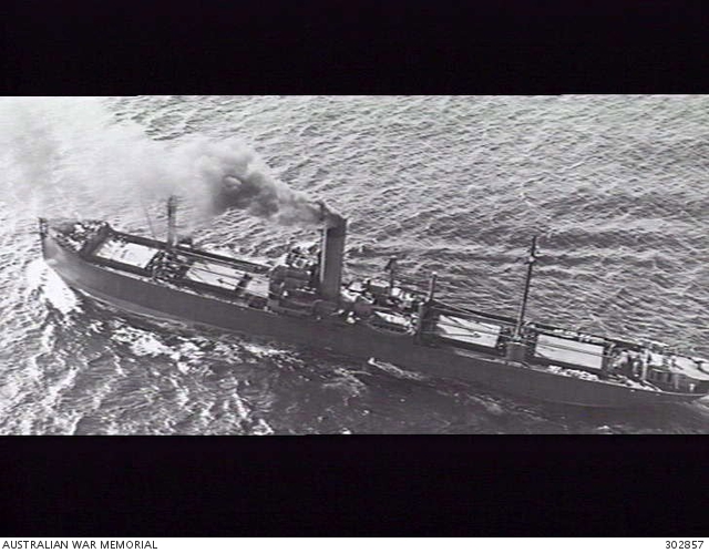 AERIAL PORT SIDE VIEW OF THE AUSTRALIAN CARGO VESSEL SS AEON. NOTE THE ...