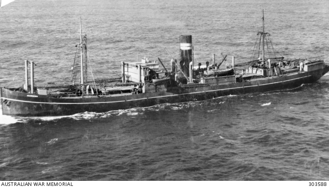 AERIAL PORT SIDE VIEW OF THE AUSTRALIAN CARGO VESSEL SS MAREEBA WHICH ...
