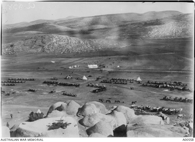 View of a camp and transport lines in a valley at Huwara near Nablus ...