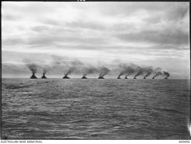An unidentified squadron of 11 Royal Navy battleships proceeding in ...