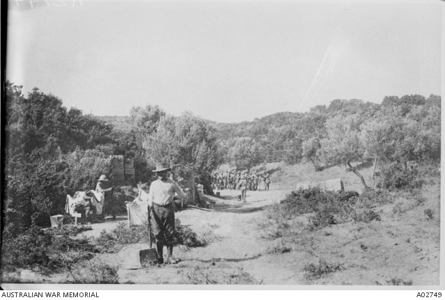 View of Ration Gully at Anzac Cove, a soldier is standing in the ...