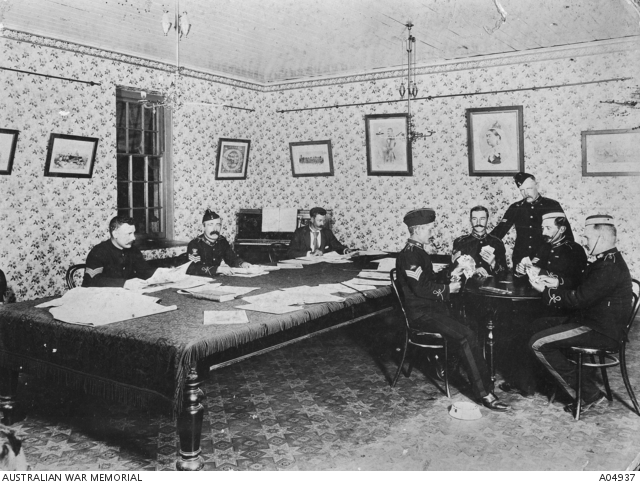 Unidentified men relaxing at the Victorian Garrison Artillery Sergeant ...