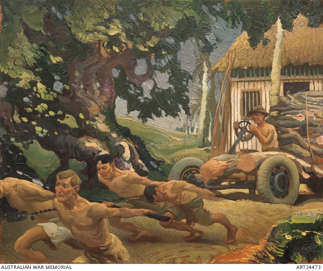 Trailer party bringing in rubber tree logs, Changi | Australian War ...