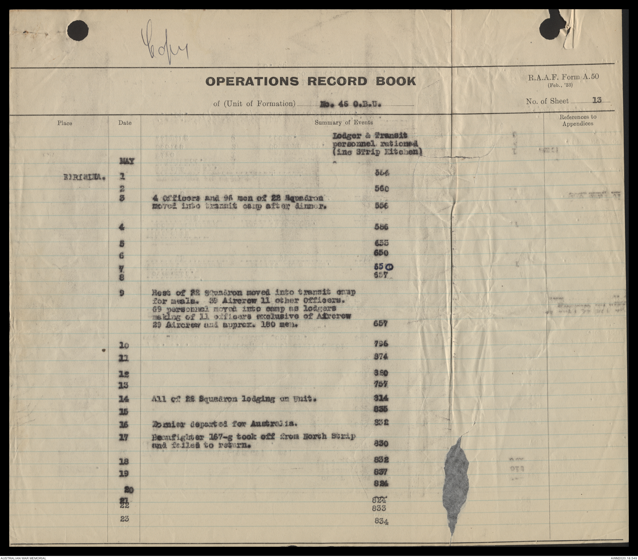 AWM64 16/3 PART 1 - [RAAF formation and unit records] Operations Record ...