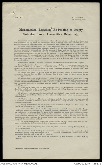 AWM25 873/20 - [Written records, 1914-18 War] [Salvage] Memorandum ...