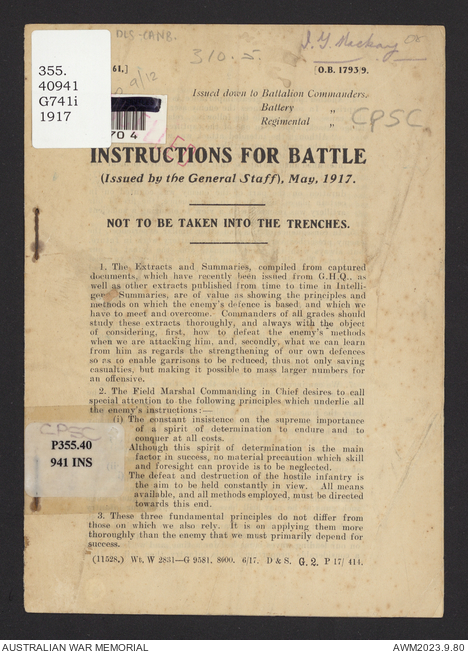 Instructions for battle (issued by the General Staff), May, 1917 ...