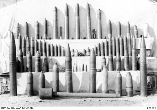 A collection of captured German and Turkish ammunition on display. The ...