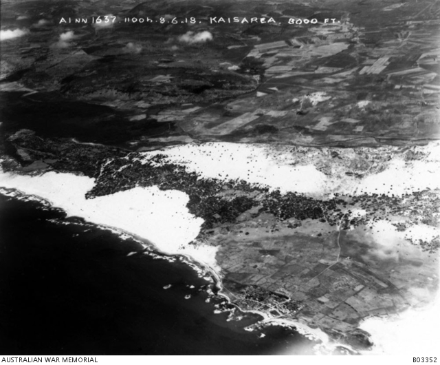 Aerial photograph of Kaisarea and the coastline taken from 8000 feet at