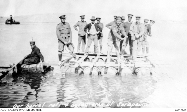 A barrel raft and catamaran made by the 7th Field Company, Australian ...
