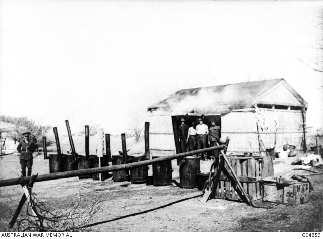 Open-air cookhouse, with storeroom, at an Australian camp at Tel-el ...