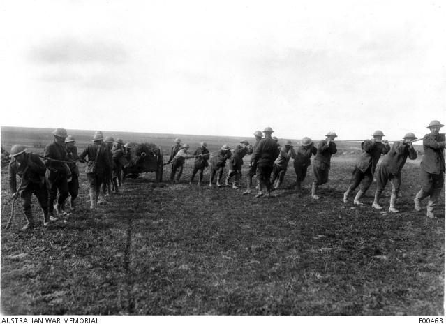Gunners of the 16th Battery, Australian Field Artillery, pulling an 18 ...