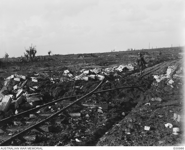 Twisted rails, the result of a direct hit on the light railway line ...