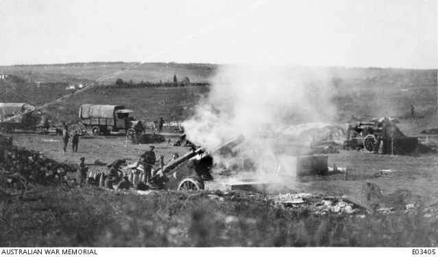 A 9.2 inch Howitzer gun in action near Hargicourt, in support of the ...
