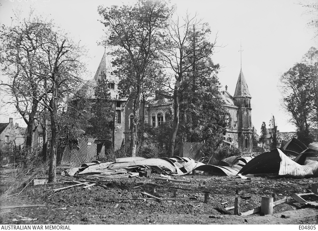An exterior view of the shell damaged chateau that served as General ...