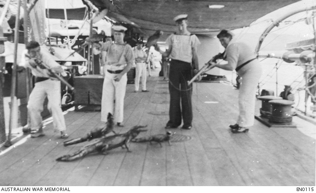 A humorous portrait of crew members aboard HMAS Melbourne posing with ...