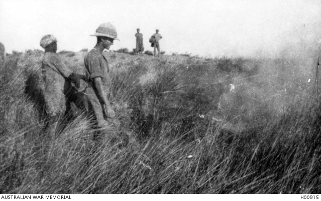 MOSQUITO PREVENTION. SHALLUFA. BURNING RUSHES. | Australian War Memorial