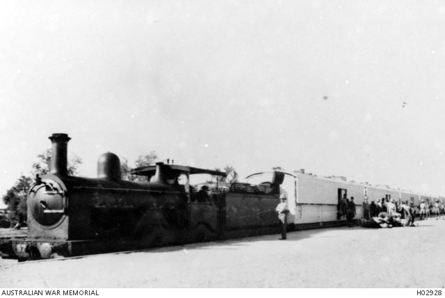 Palestine. c. 1916. A hospital train standing at a station waiting for ...