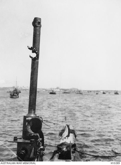 Dardanelles, Turkey. 1915. Shell damage to the periscope of the Royal ...