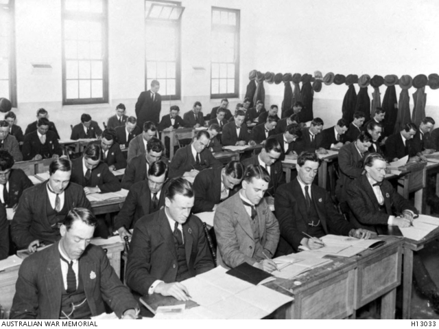 Melbourne, Victoria. Returned WW1 soldiers in a book keeping class at a ...