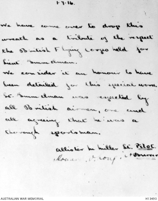1 July 1916. A handwritten note dropped by a British Royal Flying Corps  crew on to a German Air ... | Australian War Memorial