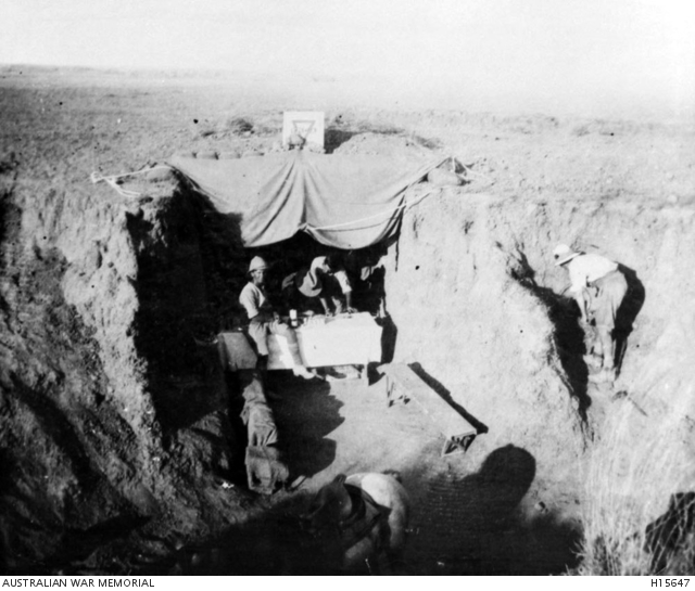 Gaza, Palestine. A YMCA dugout in front of the town. Australian War