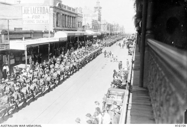 Perth, Western Australia. AIF troops marching along a city street ...