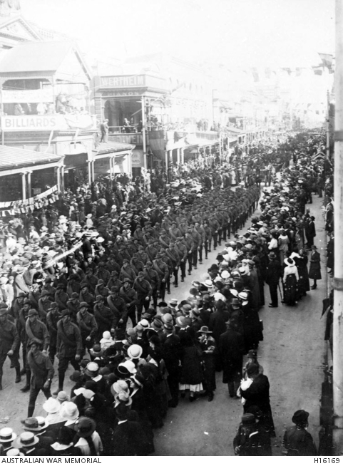 AIF troops marching along a city street on "Australia Day", held in ...