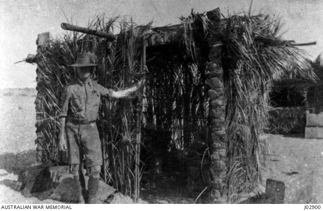 SINAI. 1916-04. A TYPE OF GUNYAH MADE OF PALM LEAVES IN THE DESERT AT ...