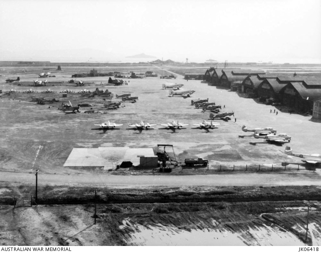 IWAKUNI, JAPAN. 1953. A SCENE OF THE FLIGHT LINE AT THE RAAF'S BASE