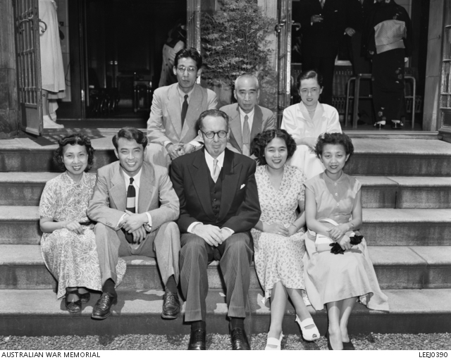 Dr E R Walker, Australian Ambassador to Japan (front, centre), sits on ...
