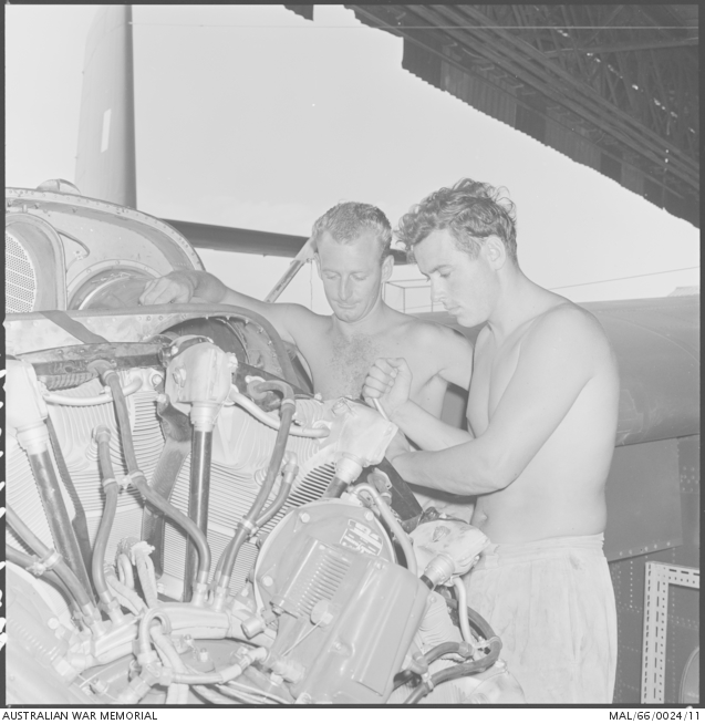 Two RAAF engine fitters at work on a Caribou engine at Vung Tau ...