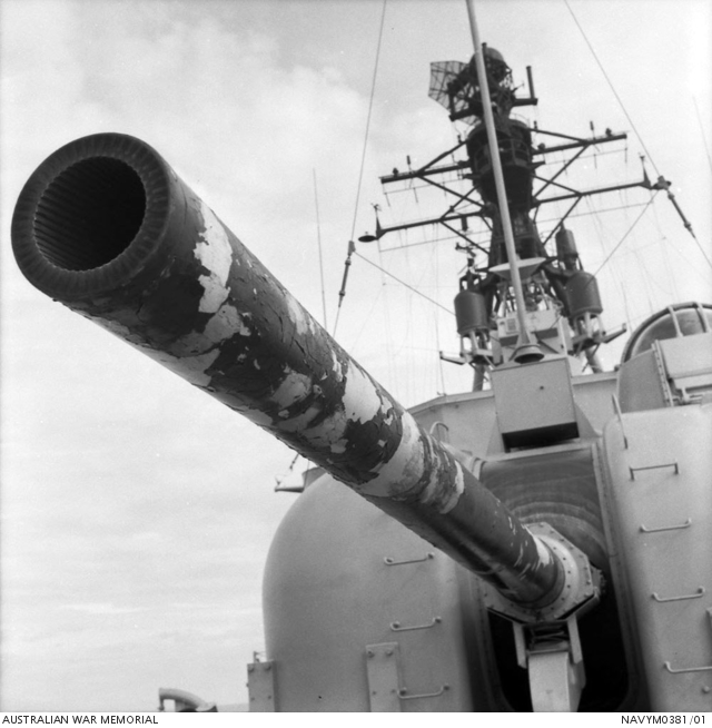 Mount 51 five inch gun on the RAN guided missile destroyer HMAS ...