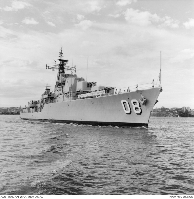 The RAN destroyer HMAS Vendetta (II) returns to Sydney, after being