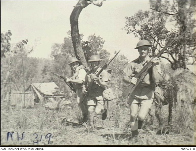 Darwin area, NT. 1943-05-10. Members of the RAAF practise a bayonet ...