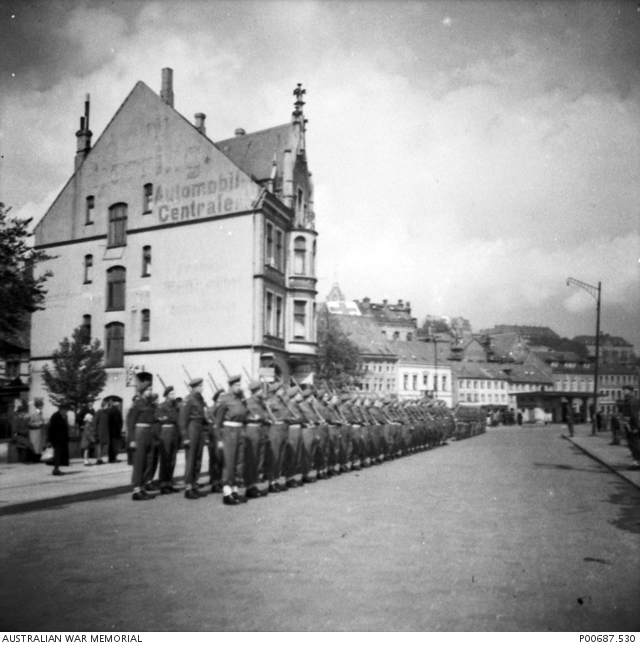 FLENSBURG, GERMANY, 194505. BRITISH TROOPS PARADE IN TOWN (135.3