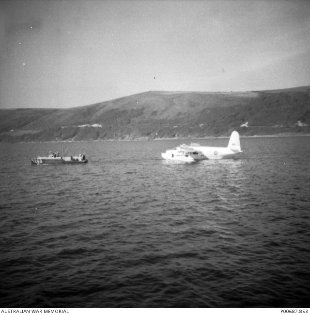 STRANRAER, SCOTLAND, 194508. SUNDERLAND FLYING BOAT AND CRASH BOAT ON