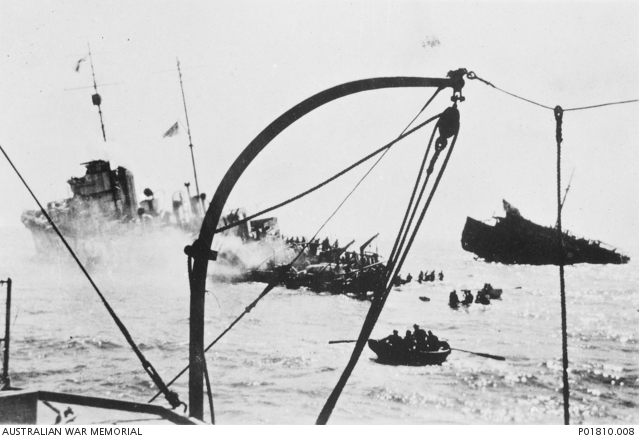 View from an unidentified ship of the British sloop HMS Grimsby (left ...