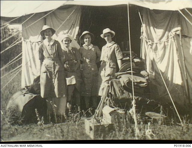Berrimah, NT. c. 1942-03. Four nurses standing outside their tent, with ...