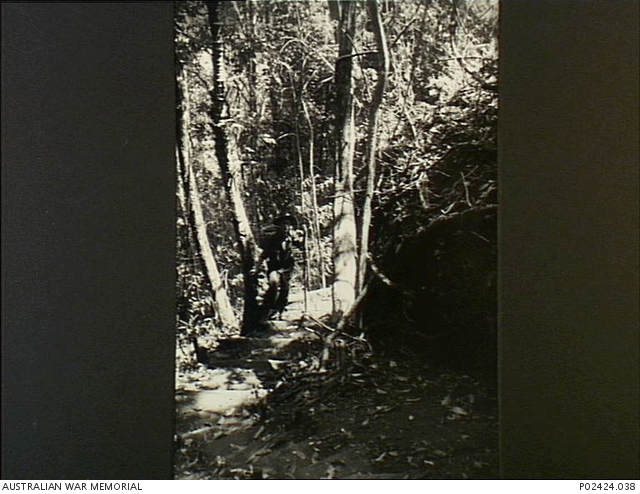 Imita Ridge, Papua, 1942-10. Carrying a full pack on his back and using ...