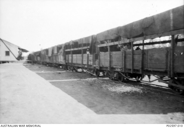 Birdum, NT. October 1941. The cattle trucks which transported members ...