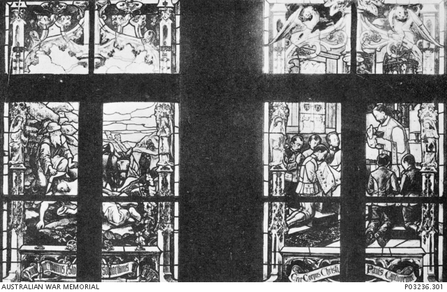 A lithographic postcard of stained glass windows in the church at the ...