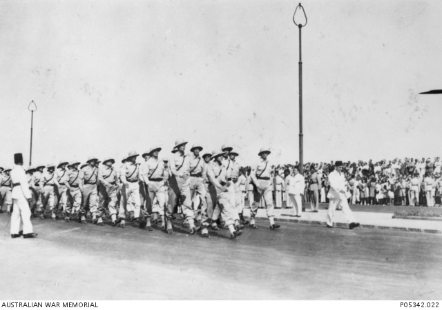 Unidentified United States soldiers marching in a victory parade along ...