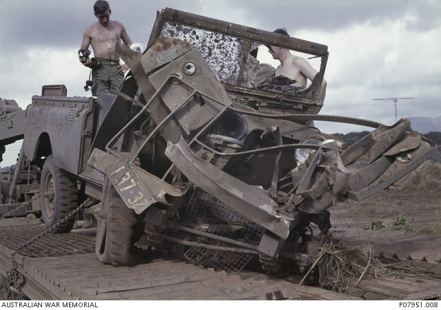 A mine damaged GS Land Rover which has been recovered by members of 106 ...