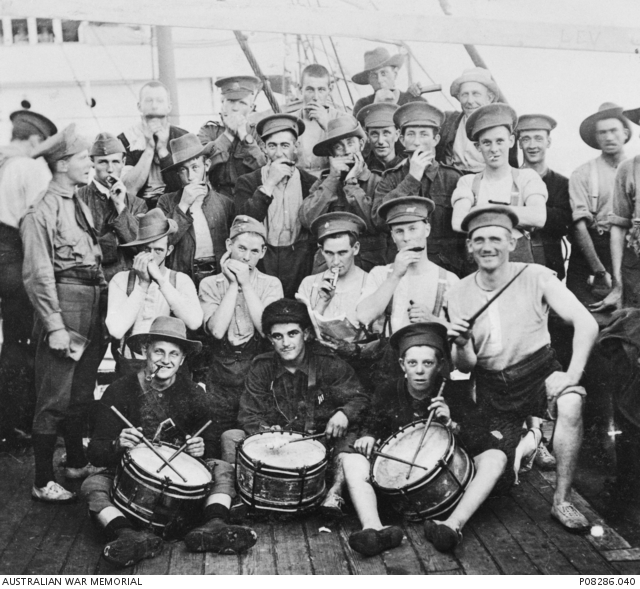 Mouth organ band aboard the troopship HMAT Euripides (A14). The