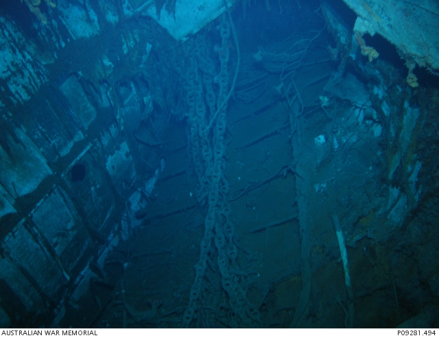 Dive 3 HMAS Sydney II Debris Field Looking into inverted bow section ...