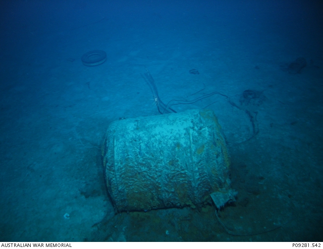 Dive 3 HMAS Sydney II Debris Field Aviation spirit tank from bow ...