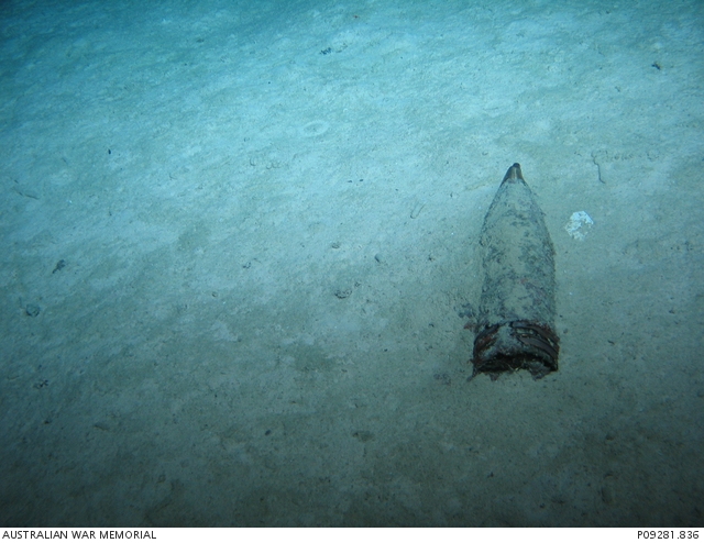 Dive 3 HMAS Sydney II Debris Field Unexploded shell - possibly 4-inch ...